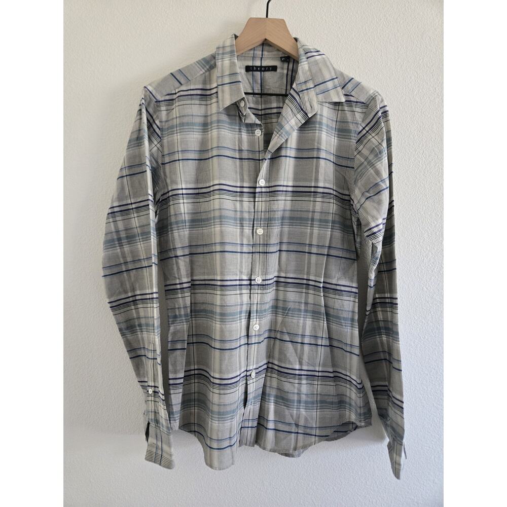 Theory Mens Gray Blue Plaid Flannel Button Down Shirt Size Small Office Business - Picture 2 of 6